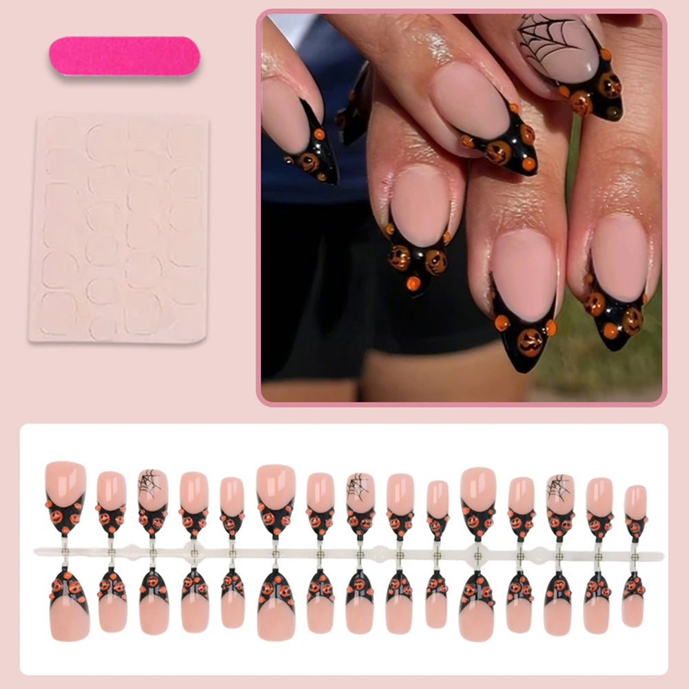 Black French Tip Pumpkin & Spider Web Press-On Nails – Almond, 30 Pcs