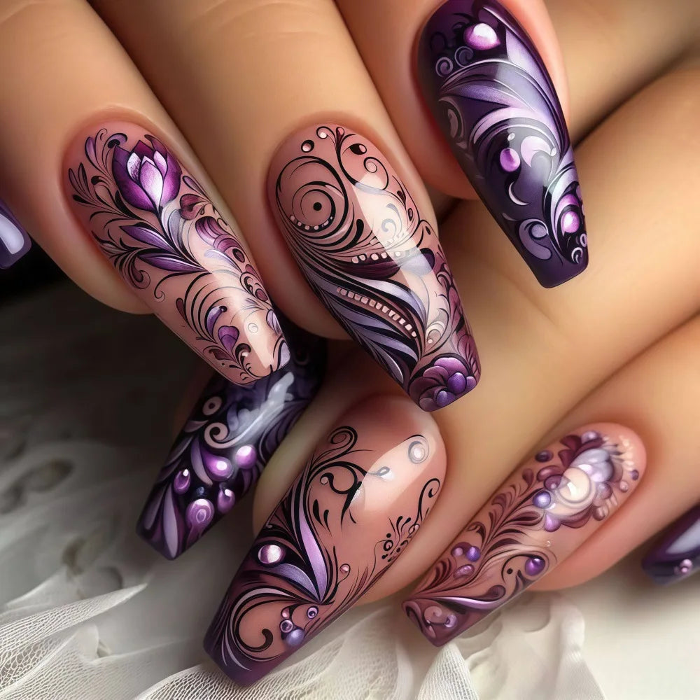 Purple & Black Floral Stripe Ballet Press-On Nails – Medium