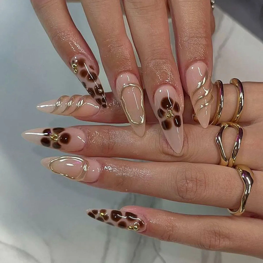 24pcs/Set Fake Nails for Women Girls Nude Color with Pink or Brown Flowers Leopard Print with Rhinestones Press On False Nails