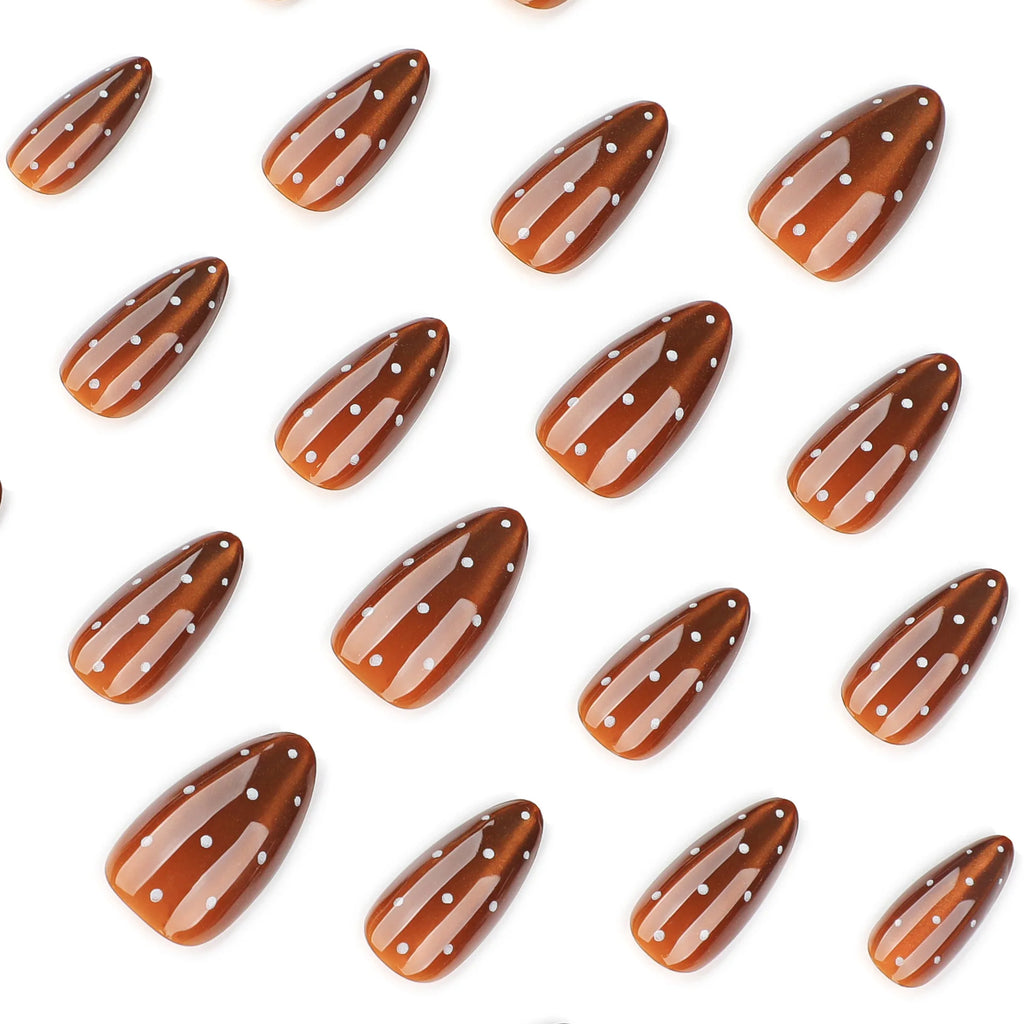 24pcs/set Brown cat eyes fake nails with white polka dots glossy almond tips for Autumn winter full cover reusable press on nail
