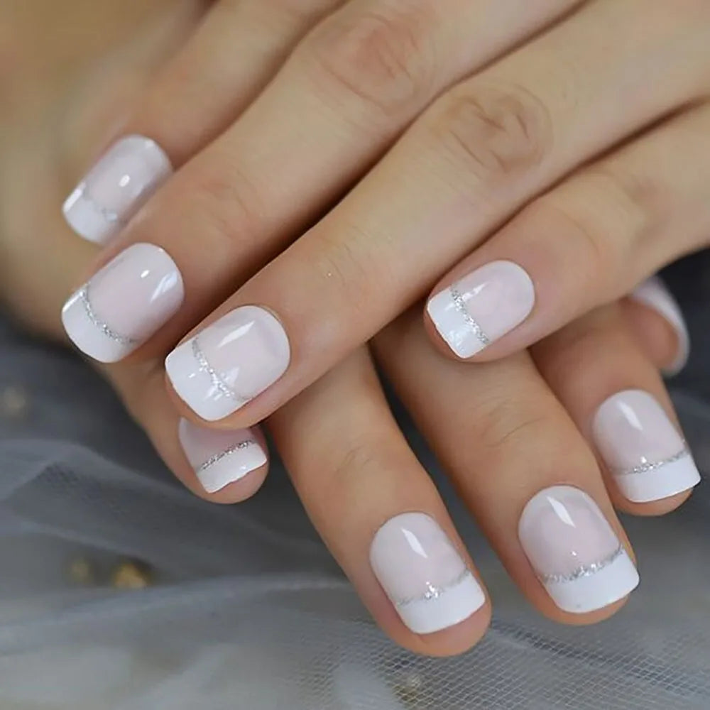 24pcs/set Short Square fake nails for women girls nude white tip with glitter strips french Minimalist style press on false nail