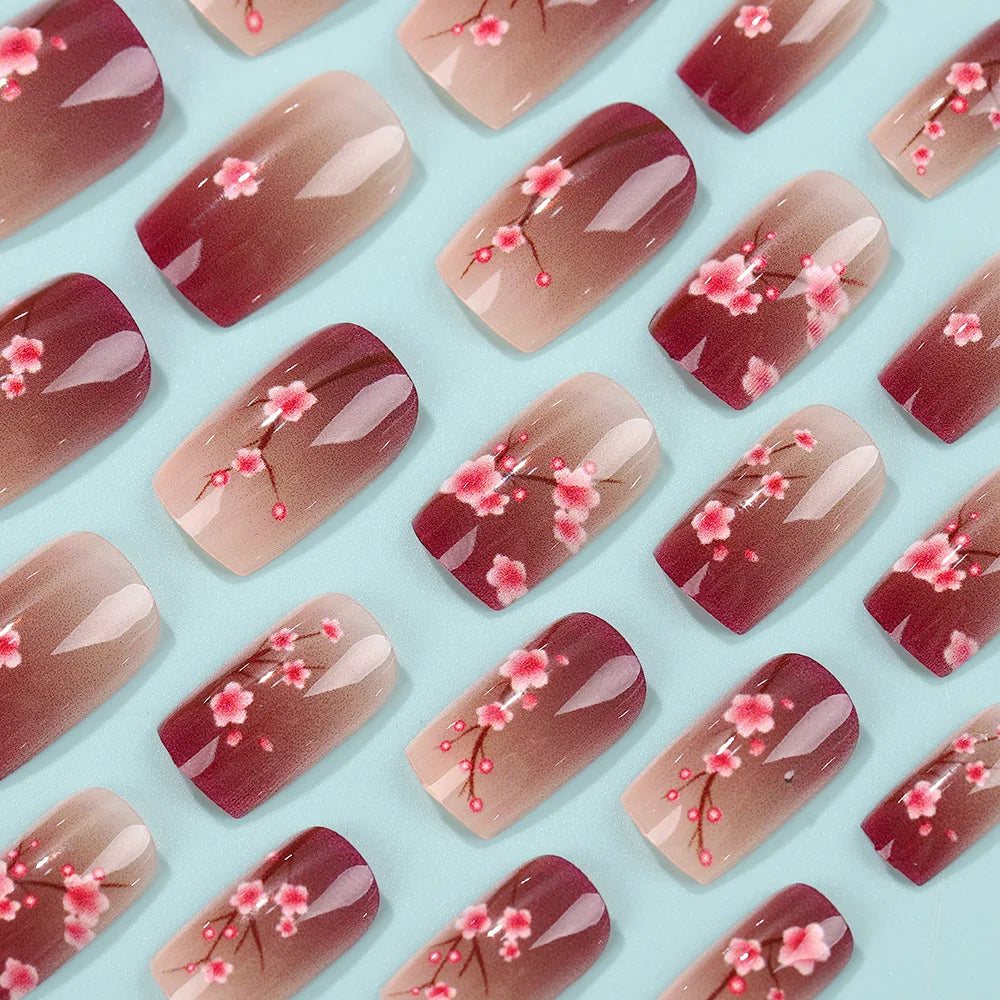 Red Brown Yellow Gradient Spring Flower Press-On Nails – Medium Square