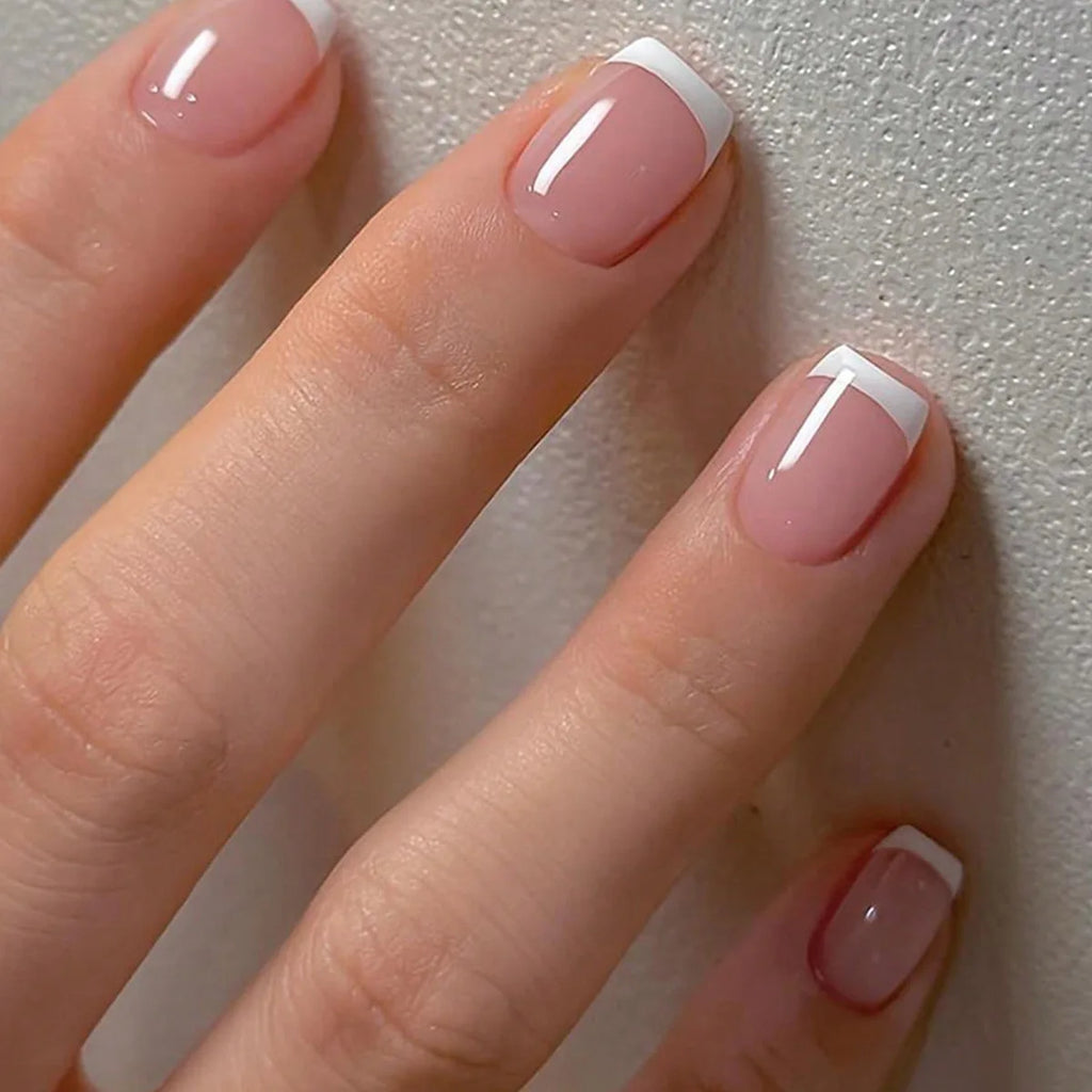 Short fake nails for women French style Nude square nail tips with white edge full cover reusable press on false nail art set