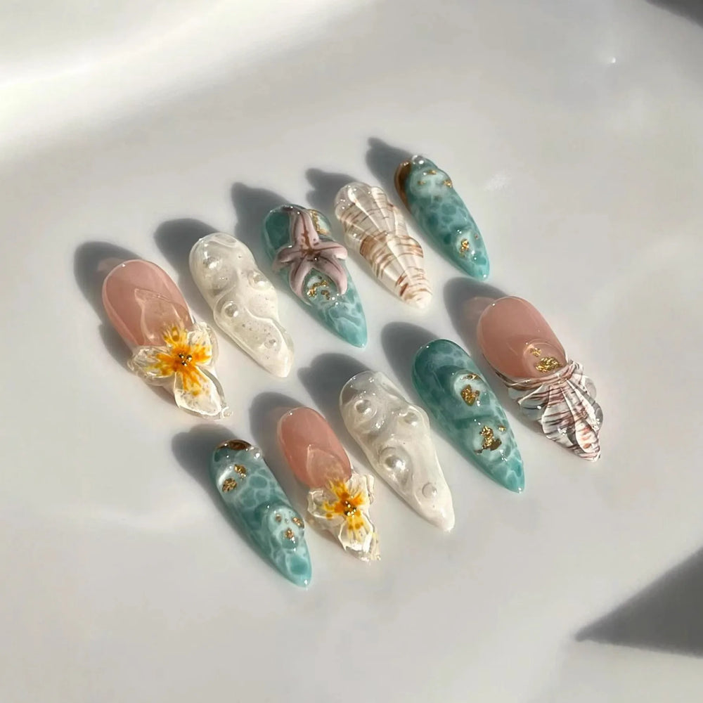 Water Ripple Starfish Handmade Press-On Nails – Almond, 10 Pcs