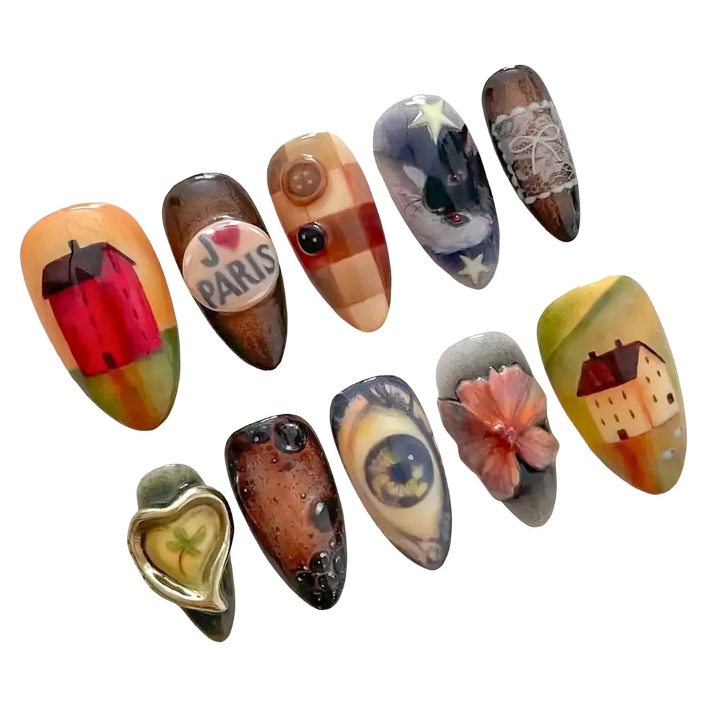 European Countryside Painting Handmade Press-On Nails – Almond, 10 Pcs