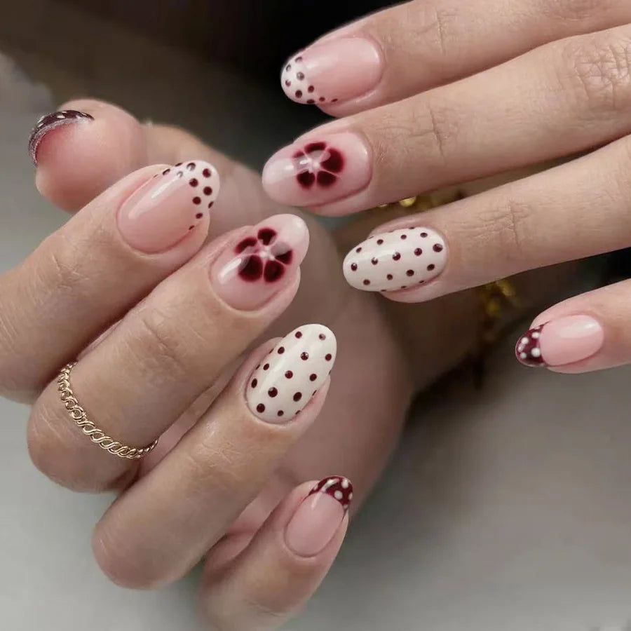 Sweet Pink Flower Gold Stripe Press-On Nails – Short Almond, 24 Pcs