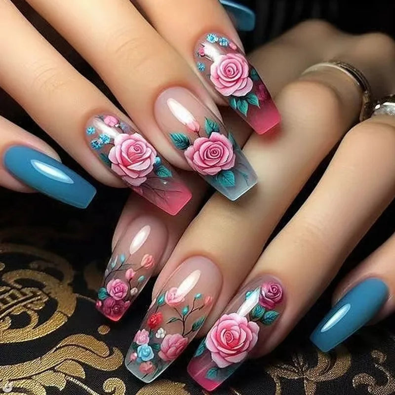 24pcs/sest Short Medium fake nails for women girls colorful flowers Mushroom beach for Summer Autumn Press on false nail tips