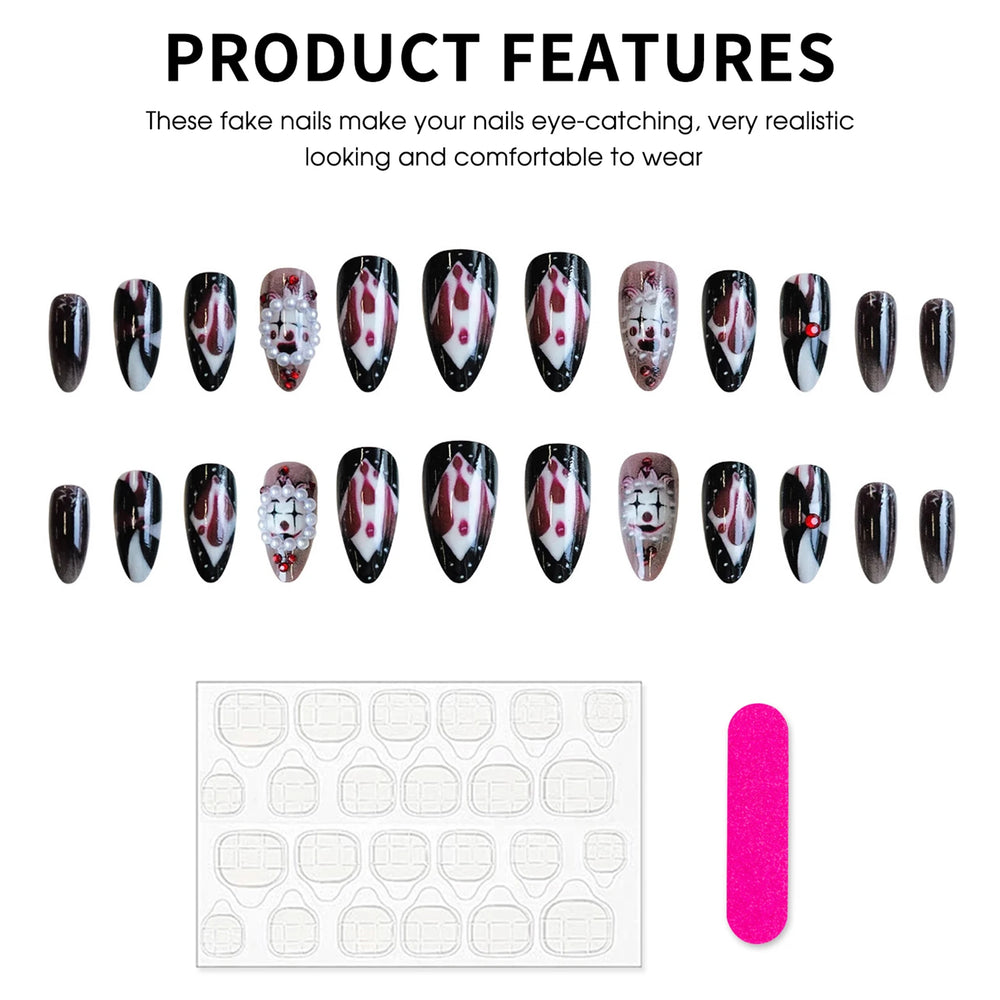 Circus Clown Ghost Halloween Press-On Nails – Long Stiletto, 24 Pcs