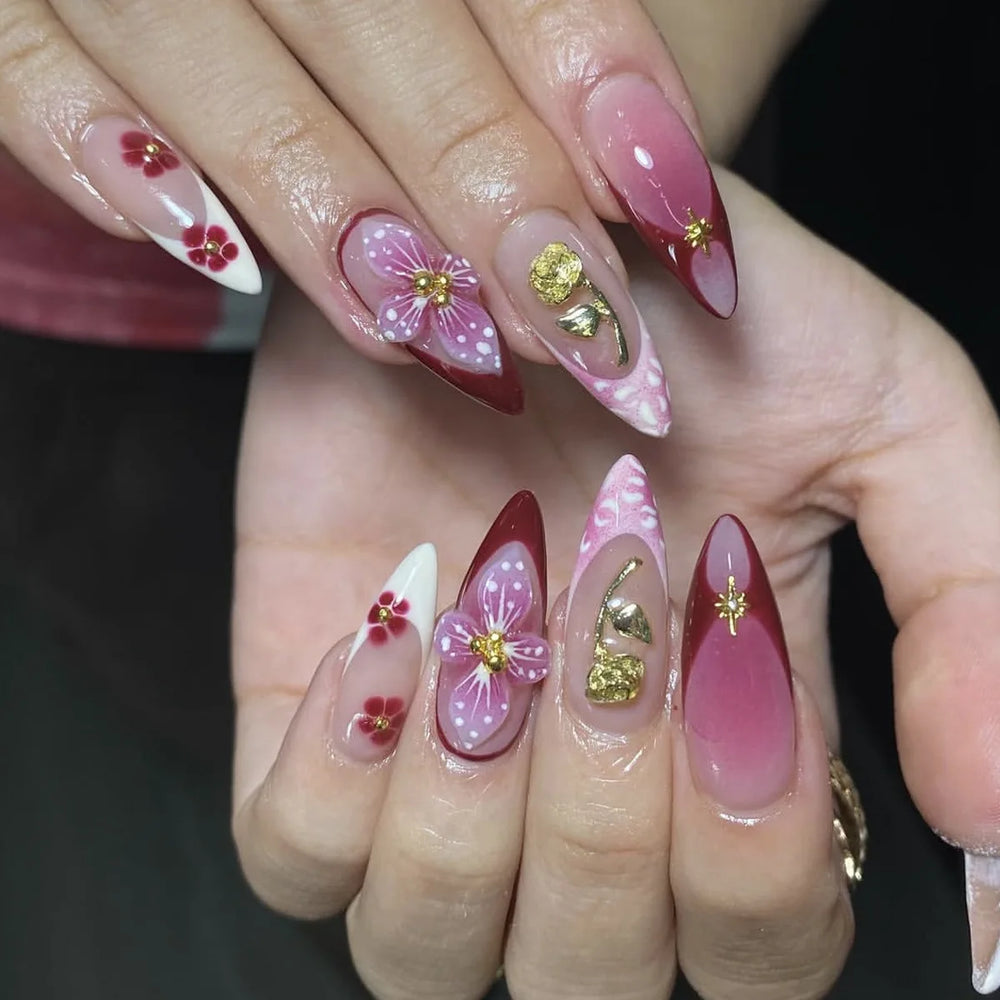 3D Embossed Flower Rhinestone Almond Press-On Nails – Pink Red Gradient