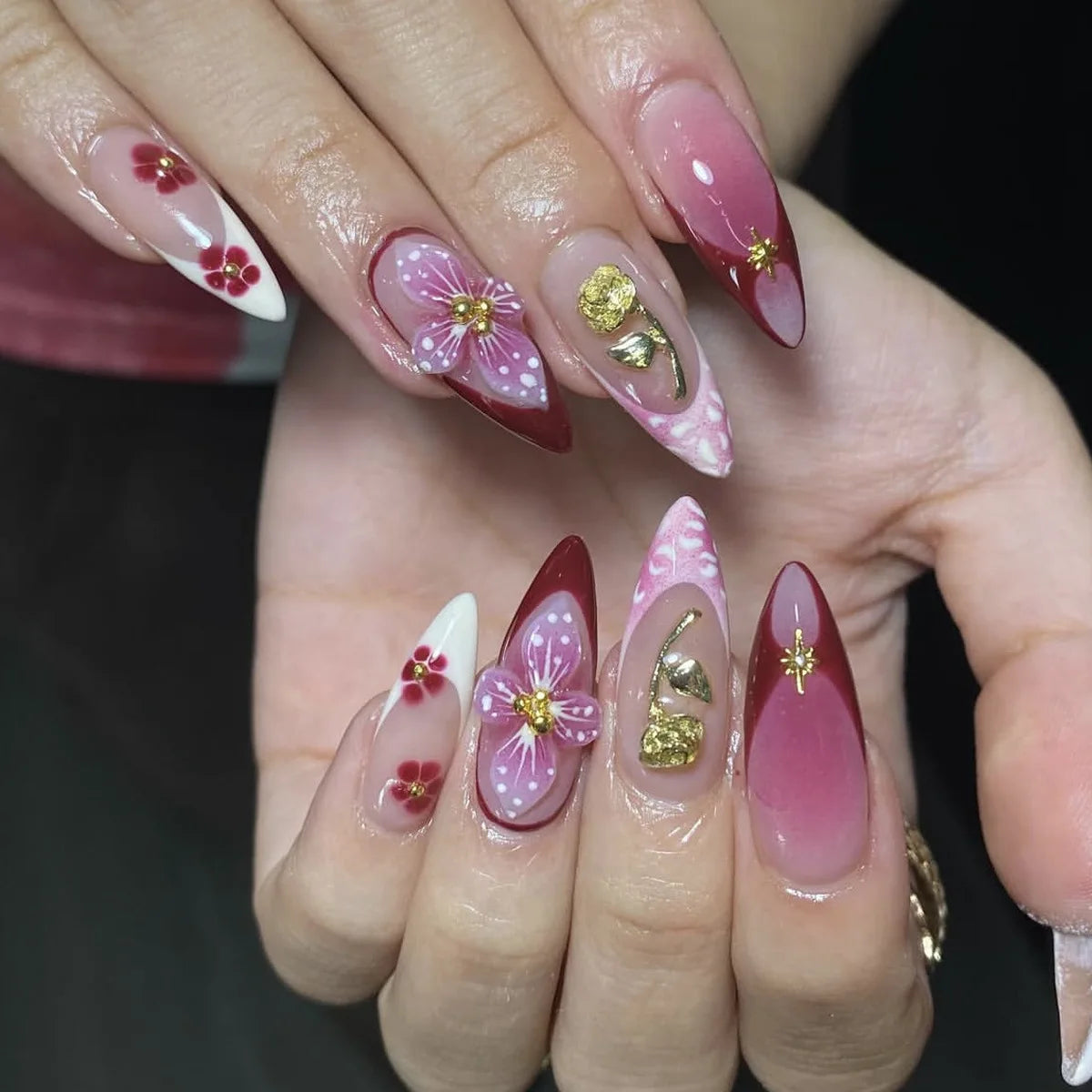 3D fake nails for women girls gradient pink red embossed flowers with golden rhinestones almond nail tips press on false nail