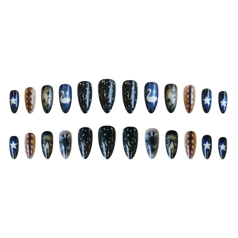 Vintage Painting Star, Moon & Swan Press-On Nails – Almond, 24 Pcs