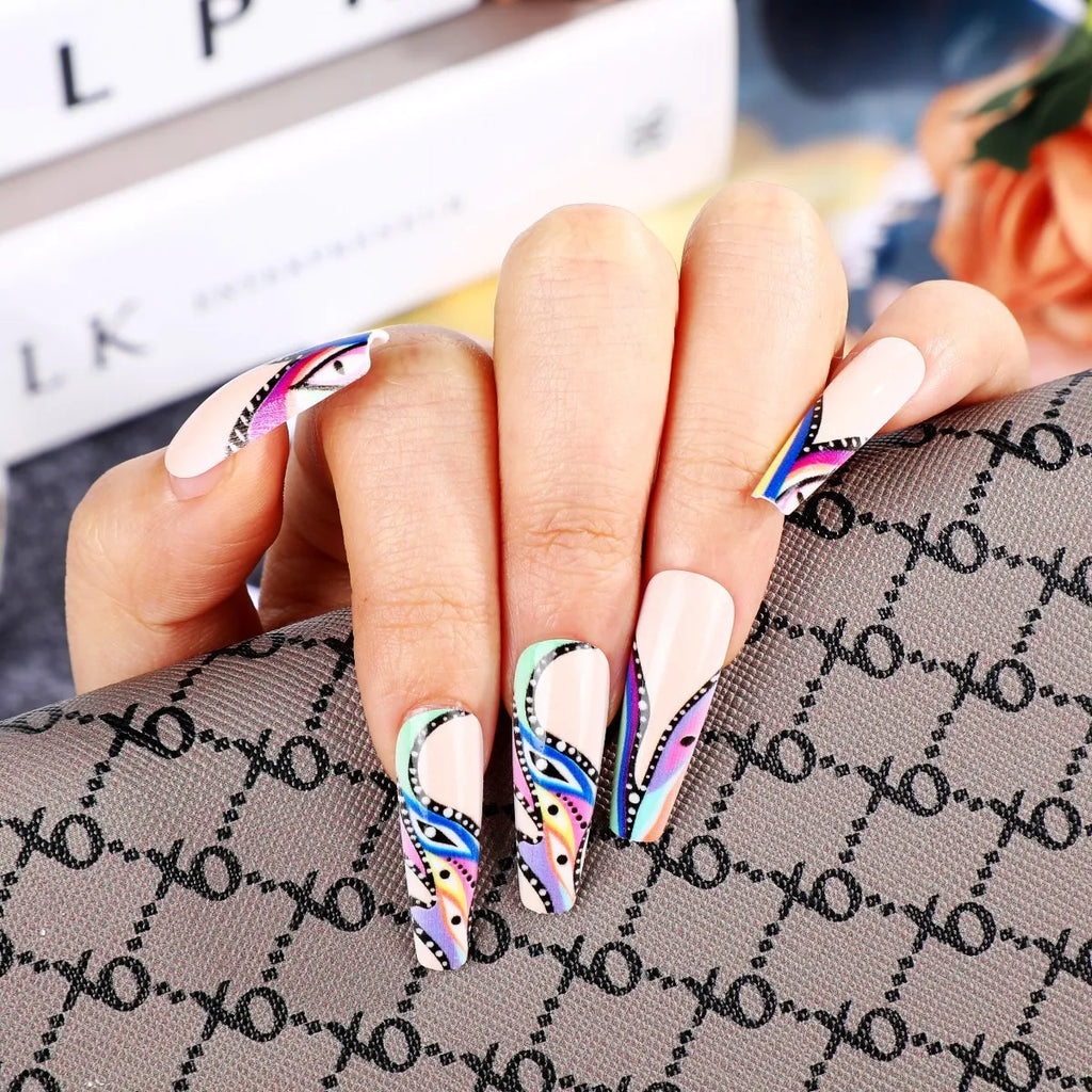 Medium long fake nails for women girls Geometric strips color block y2k purple blue black beige tips press on false nail art set
