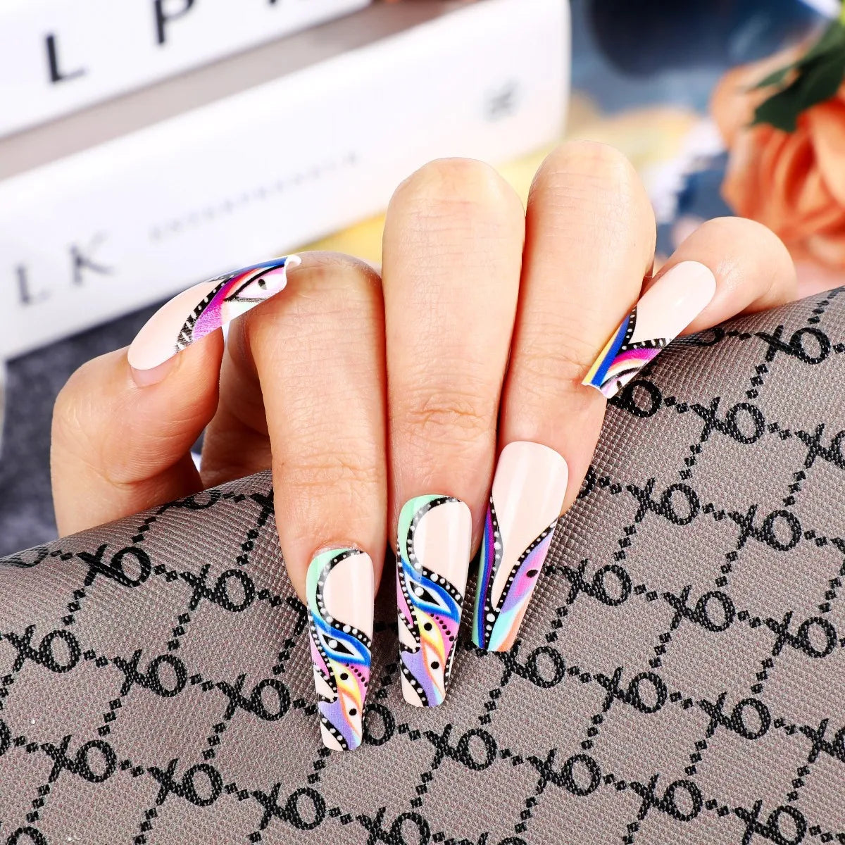 Medium long fake nails for women girls Geometric strips color block y2k purple blue black beige tips press on false nail art set