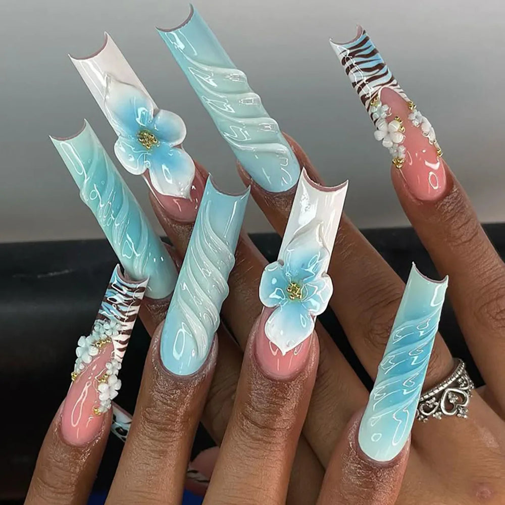 Blue Green Gradient 3D Embossed Flower Press-On Nails – Medium Long Square, 24 Pcs