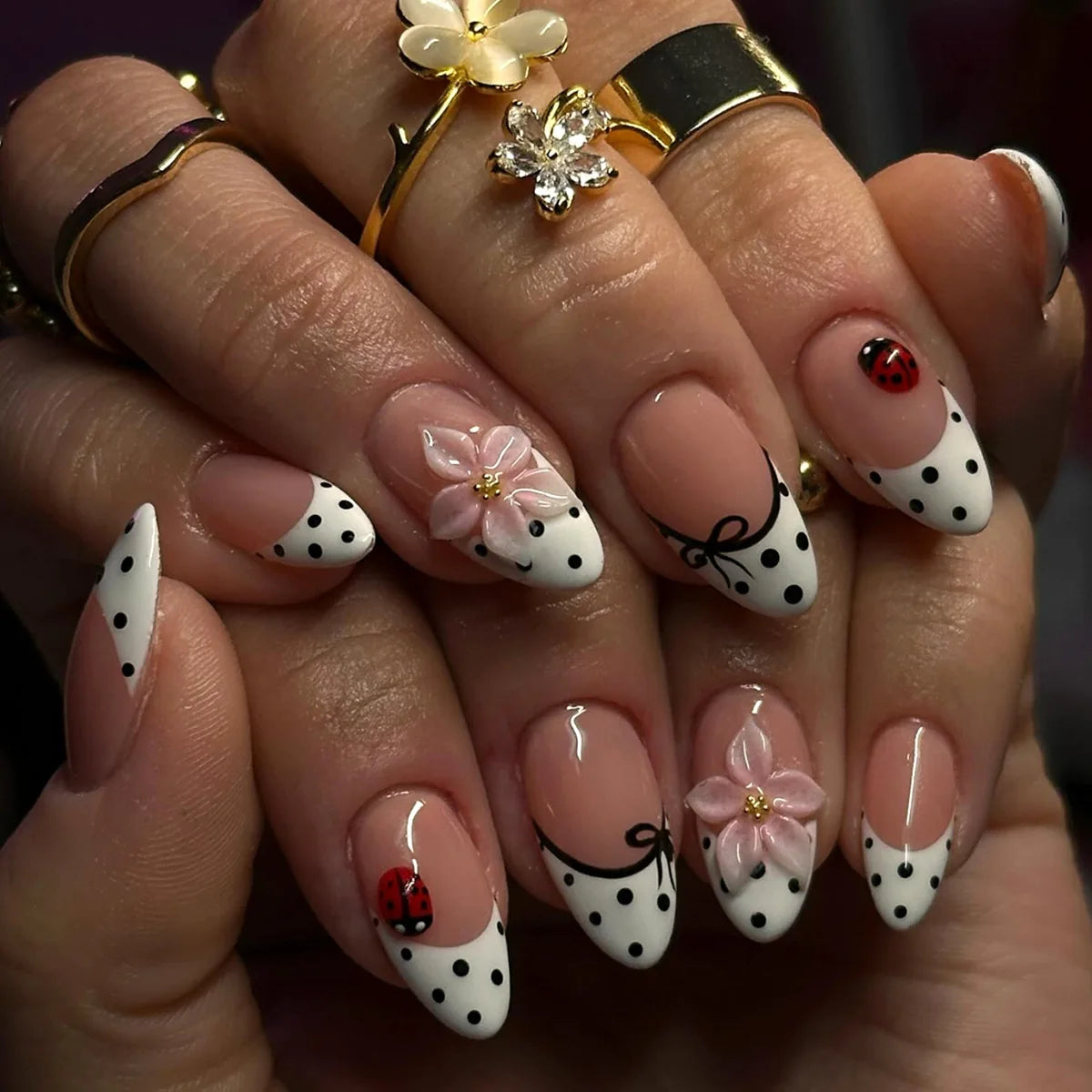 Medium fake nails for women 3D flowers with polka dots bow printing nude white french almond nail tips press on nails art set