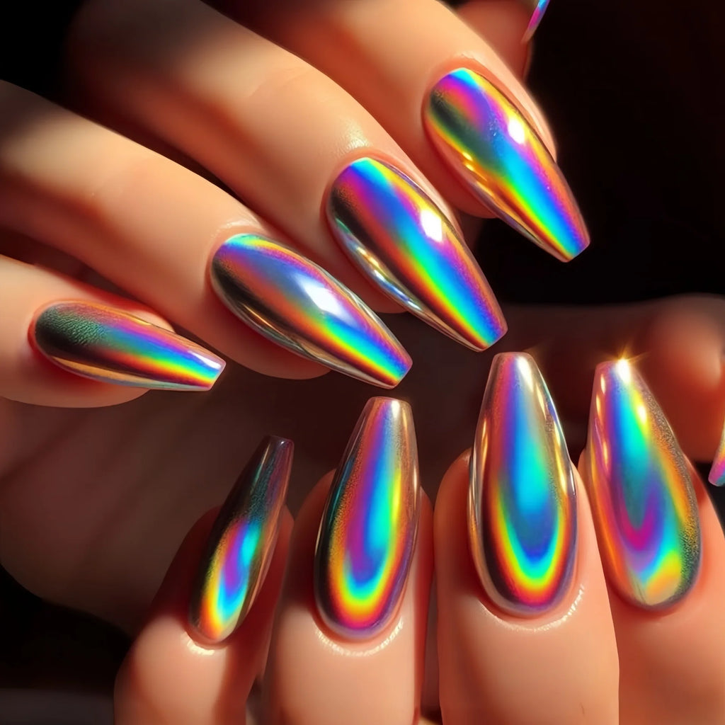 Medium long fake nails Holographic Plated gradient brown golden aurora colors waterdrop ballet shaped full cover press on nails
