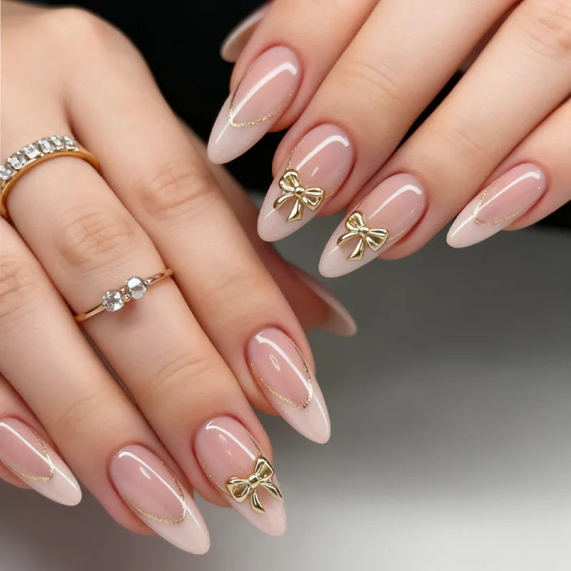 Nude White French Almond Press-On Nails with Gold Stripe Bow – Medium