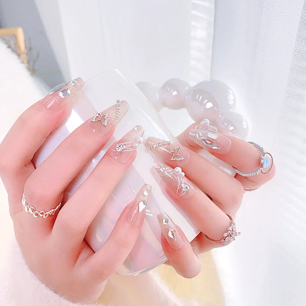 Glitter Rhinestone Pearl Bow Press-On Nails – Long Square, 24 Pcs