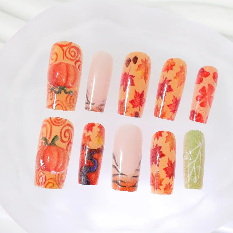 Pumpkin & Maple Leaf 3D Halloween French Press-On Nails – Square, 24 Pcs