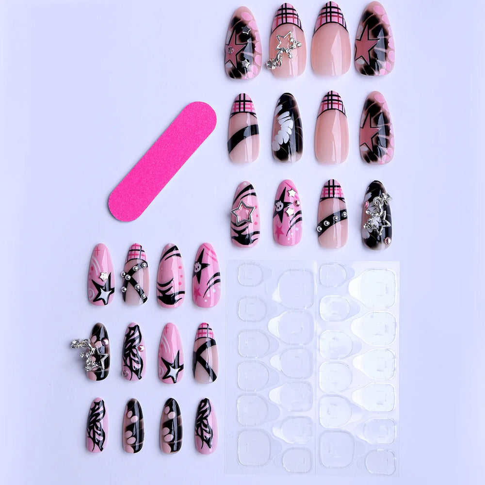 Pink Glossy Y2K Metal Star French Press-On Nails – Almond, 24 Pcs