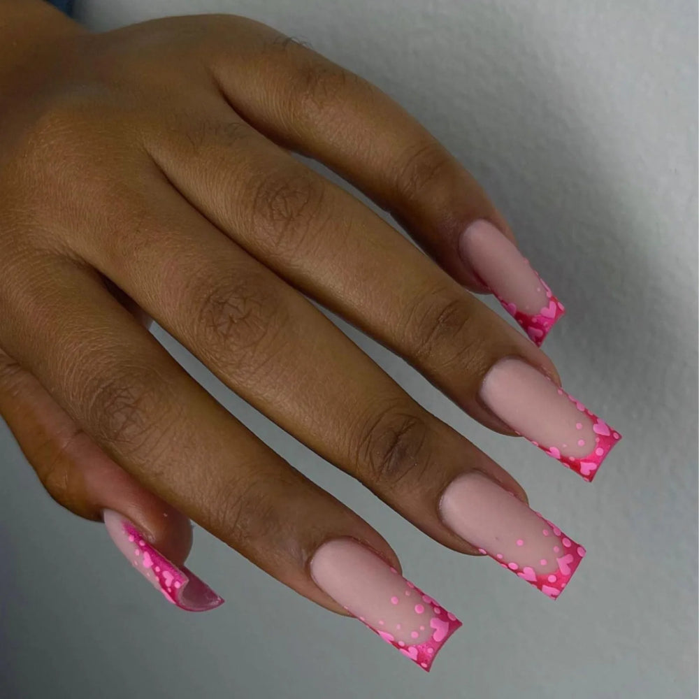 Red Pink Heart French Frame Press-On Nails – Medium Square