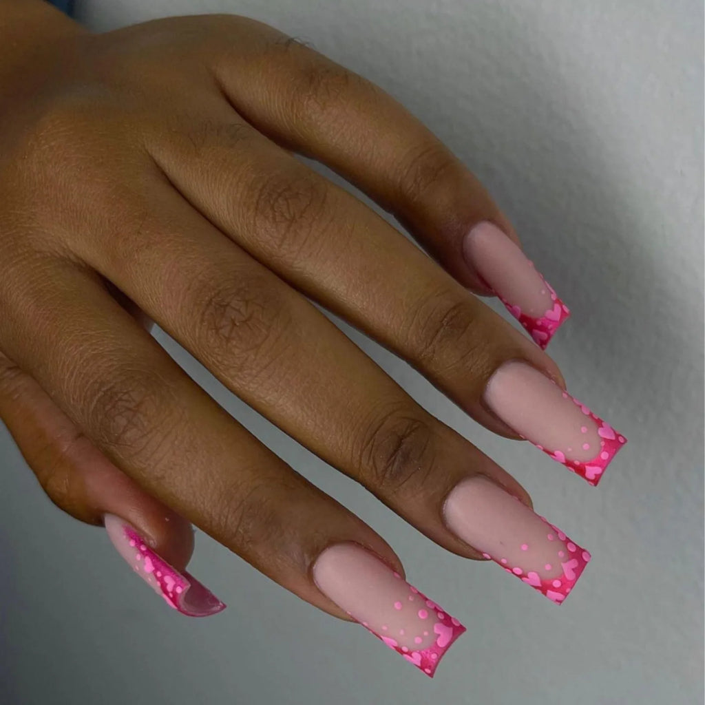 Medium fake nails for women girls red pink heart print french frame full cover square nail tips press on acrylic false nail art
