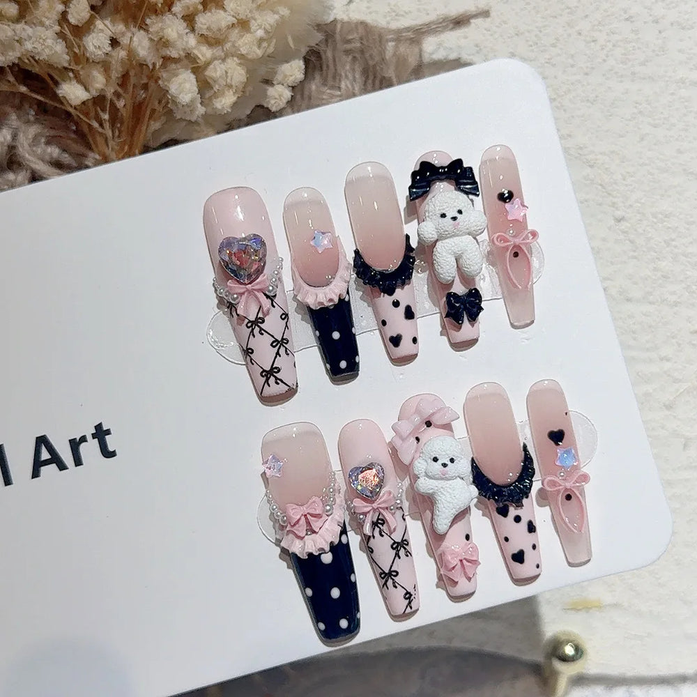 Light Pink French 3D Rabbit Handmade Press-On Nails – Long Coffin, 10 Pcs
