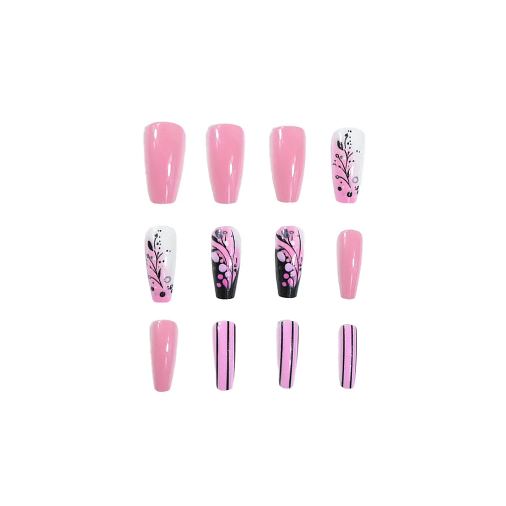 Pink Green Gradient Spring Flower Press-On Nails – Medium