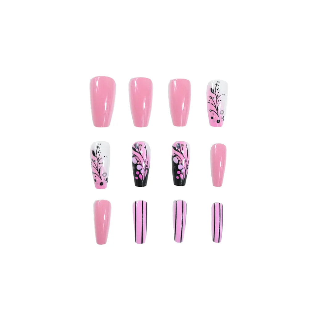 Medium fake nails for women gilrs Gradient pink green with flowers design for Spring summer full cover press on acrylic nail