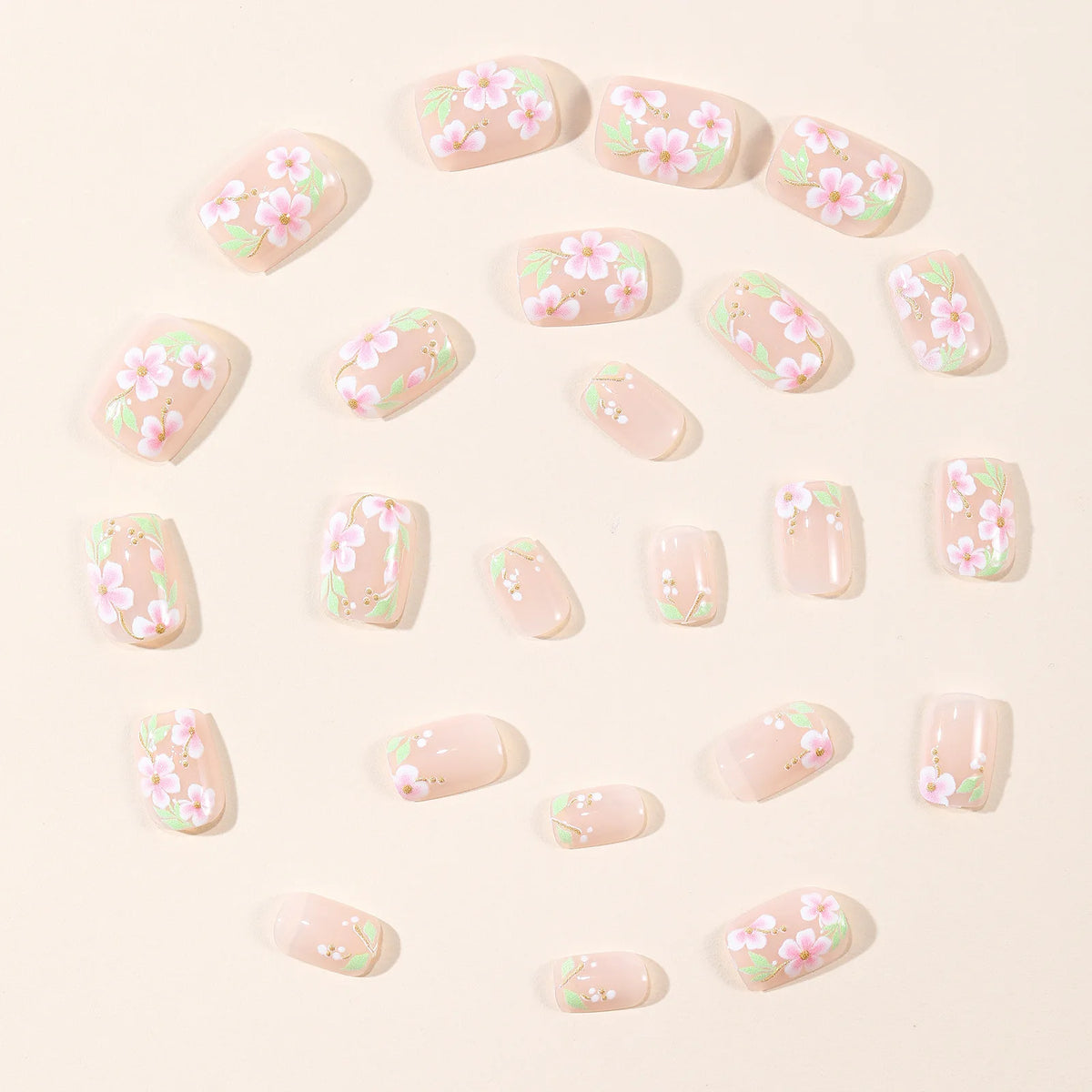 Short Medium fake nails for women girl Spring summer flowers with green leaf golden crystal rhinestones full cover press on nail