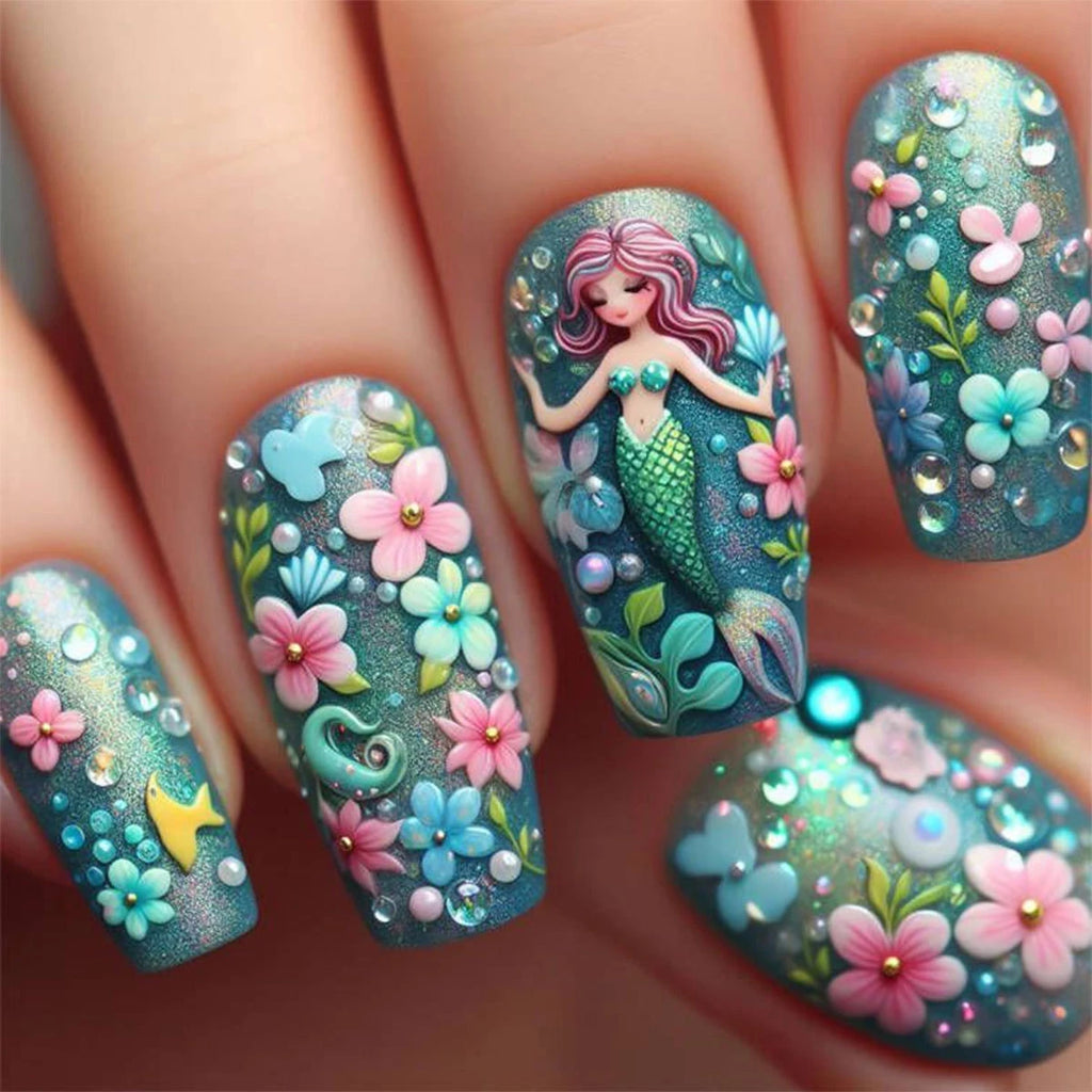 Medium long fake nails for women gradient purple or green colors flowers mermaid or butterfly design full cover press on nails