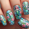 Medium long fake nails for women gradient purple or green colors flowers mermaid or butterfly design full cover press on nails