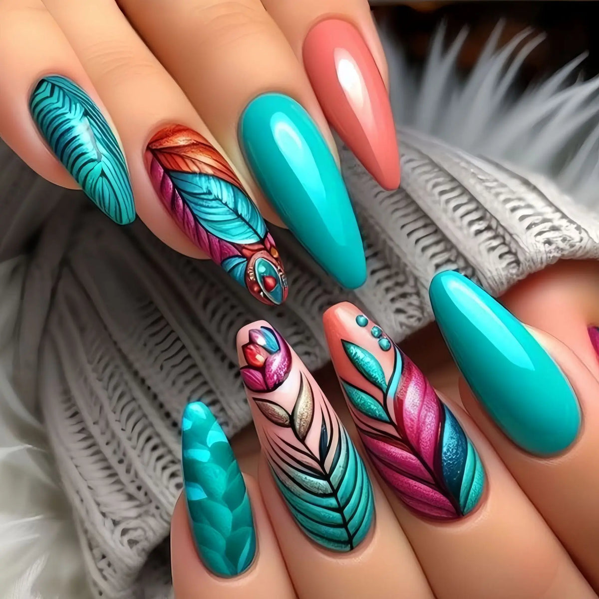 24pcs/set Medium Long Fake Nails for Autumn Winter Y2K Gradient Purple Blue Yellow Green Flowers Cute Gogga Press On False Nail