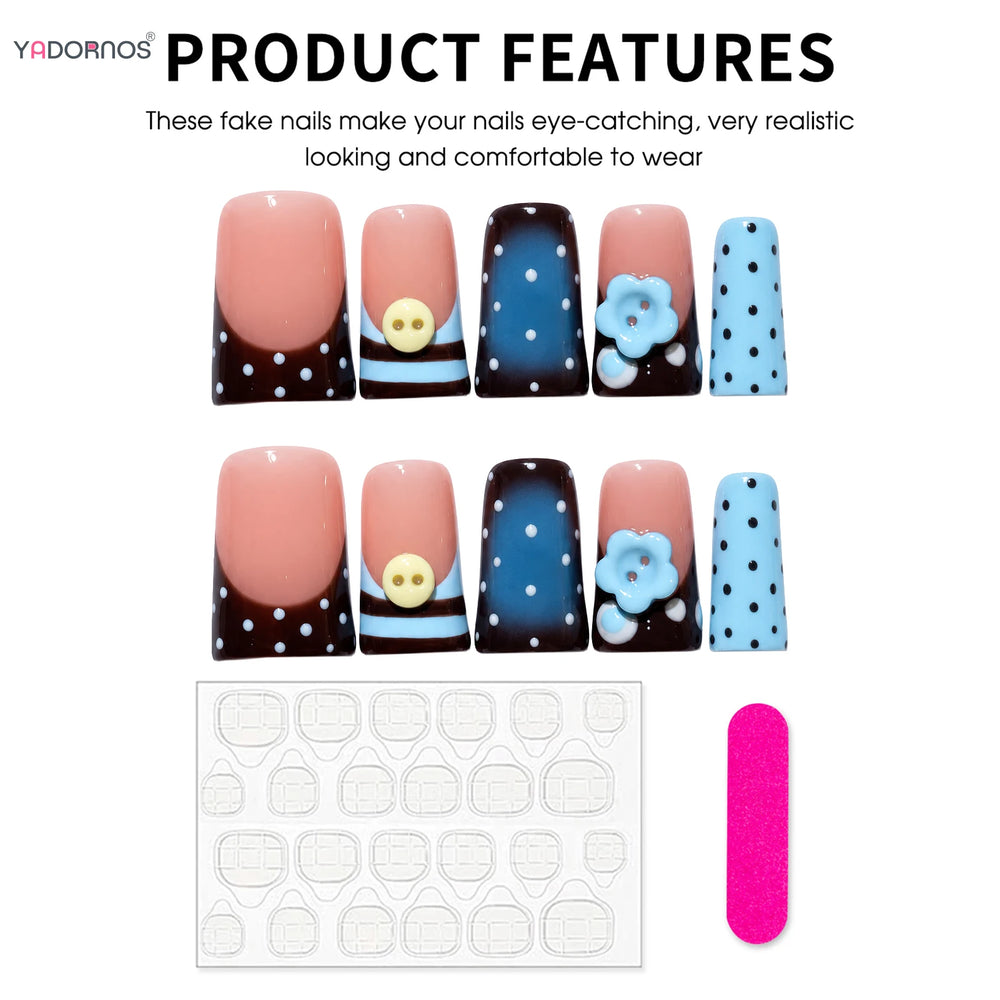 Blue Stripe Polka Dot 3D Flower Handmade Press-On Nails – Duckbill, 10 Pcs