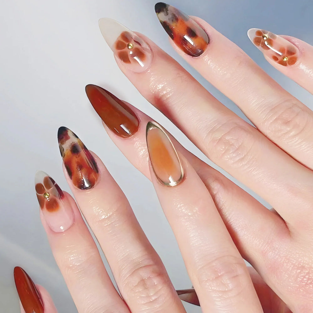 Leopard & Floral French Tip Press-On Nails – Almond, 24 Pcs
