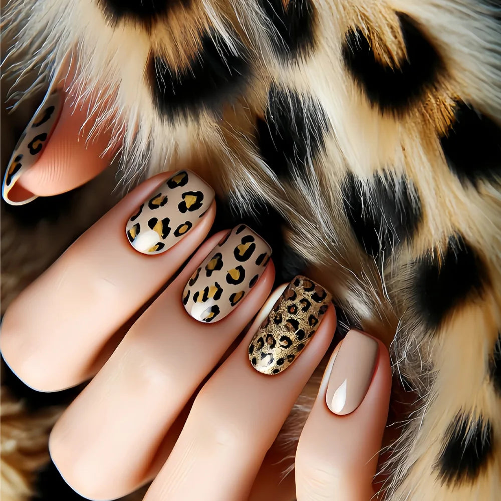 Y2K Leopard Gradient French Press-On Nails – Orange Pink Blue Brown, Medium Long