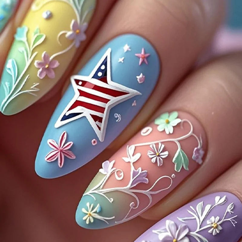24/30pcs/set Medium Long Fake Nails 3D Flowers Butterfly Rhinestones for Spring Summer Golden Foil Nail Tips Press On False Nail