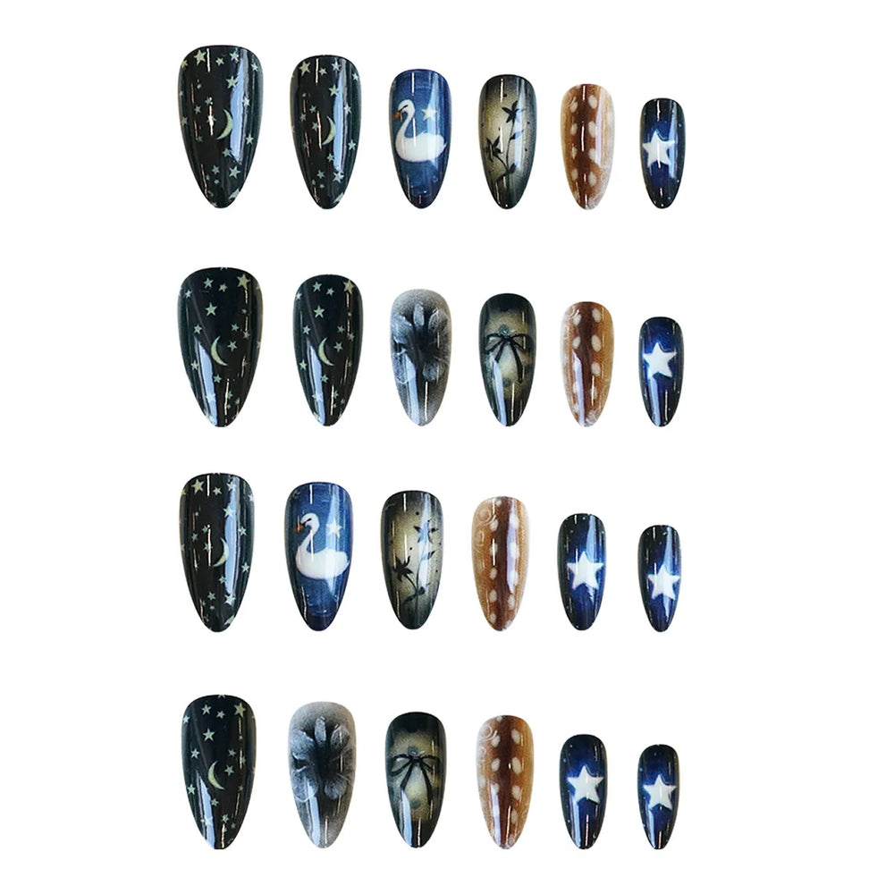 Vintage Painting Star, Moon & Swan Press-On Nails – Almond, 24 Pcs