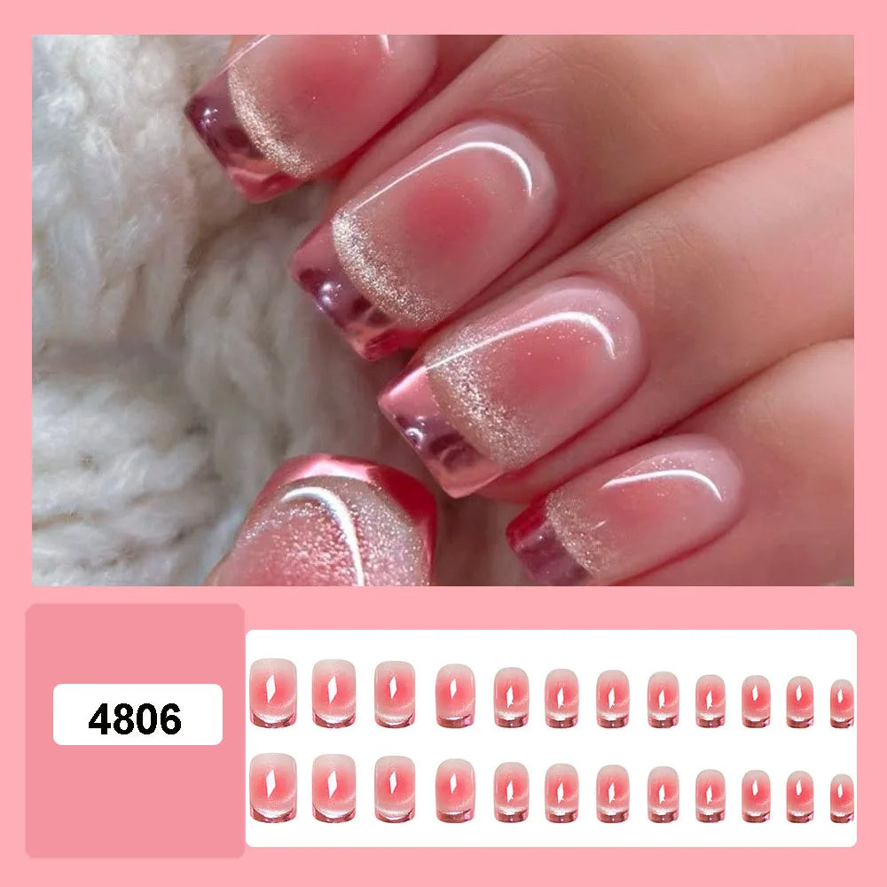 Medium fake nails for women Gradient blush pink shimmer cat eyes Holographic Plated french sqaure nail tips press on false nails