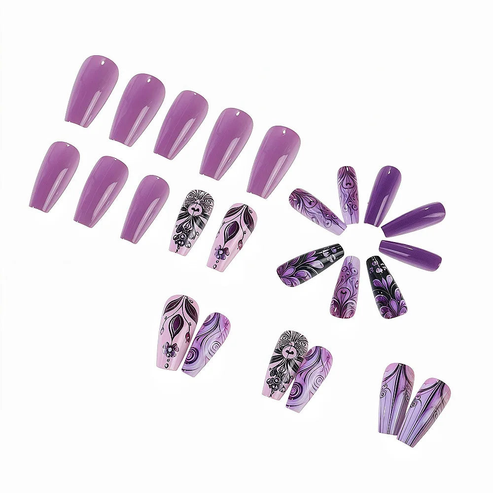 Medium Fake Nails for Women Girls Gradient Purple Colors Flowers Wave Strips Design French Ballet Nail Tips Press On False Nail