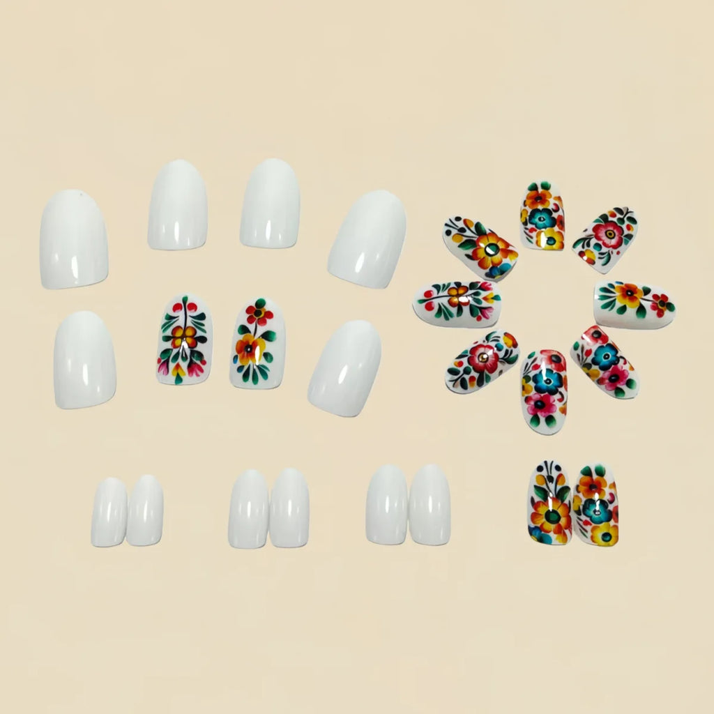 Medium long fake nails Spring summer flowers leaf tree gradient pink orange blue Y2K french nail tips press on false nail art