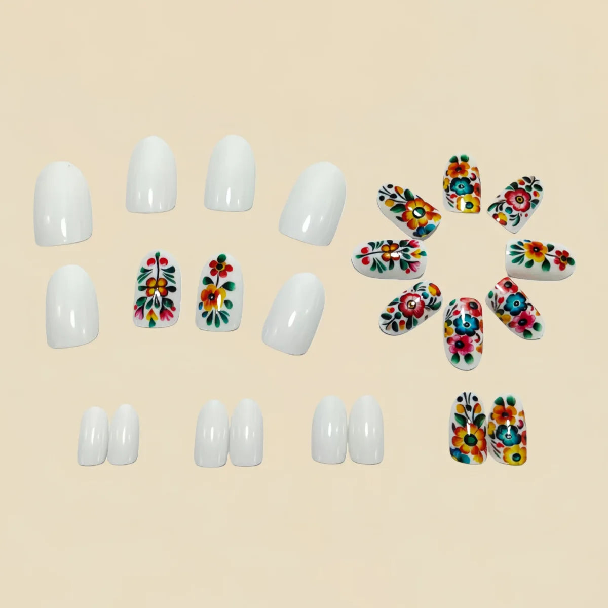 Medium long fake nails Spring summer flowers leaf tree gradient pink orange blue Y2K french nail tips press on false nail art