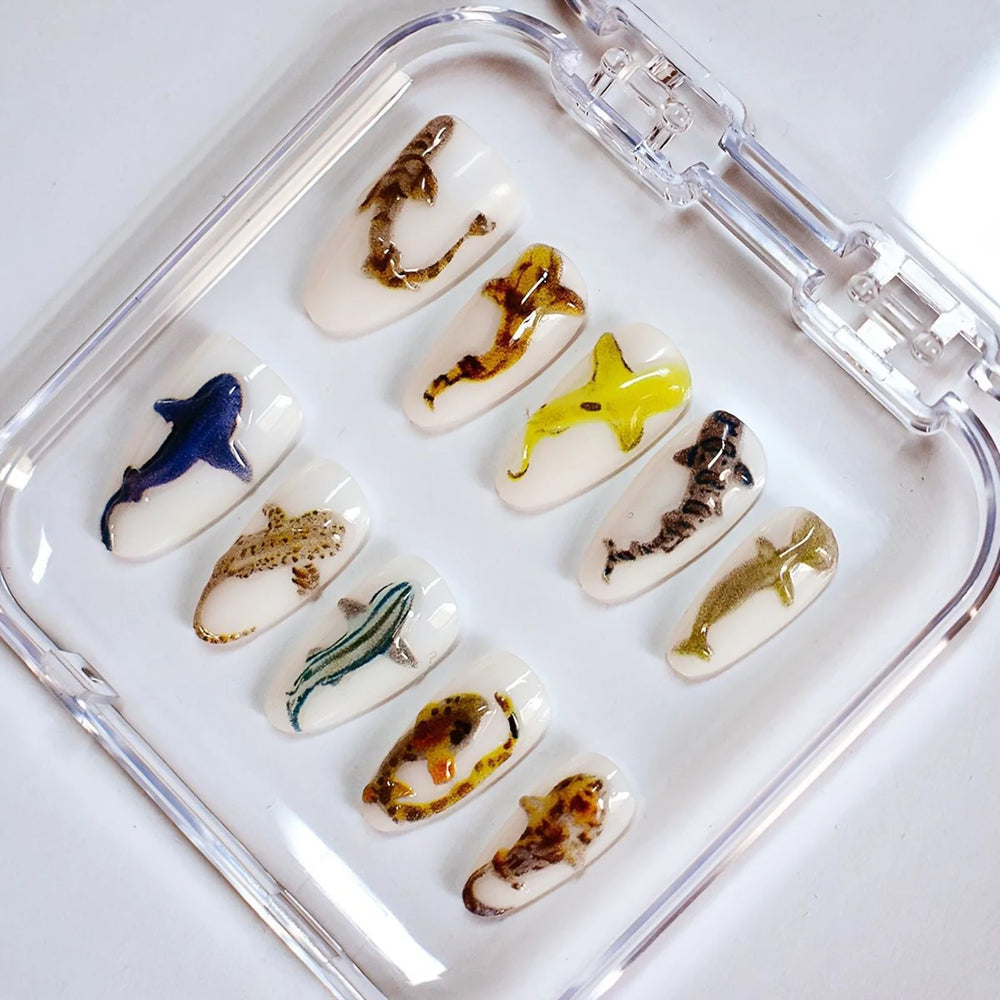 3D Colorful Marble Chrome Handmade Press-On Nails – Coffin, 10 Pcs
