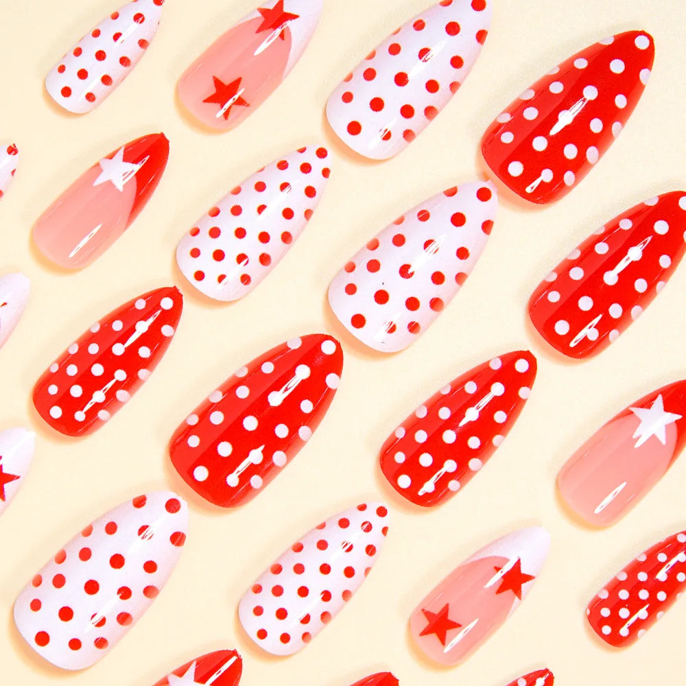 Medium almond fake nails for women girls pink red white polka dots with star design french nail tips press on false nail art set