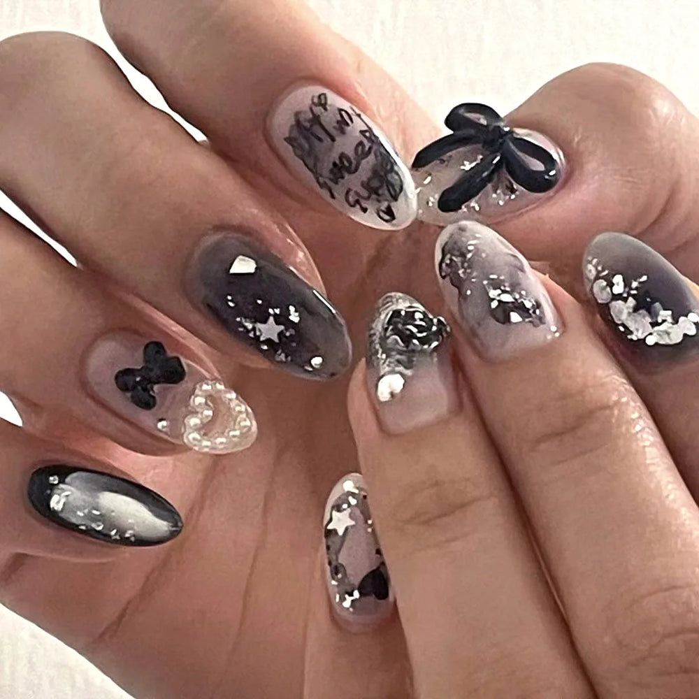Vintage Painting Star, Moon & Swan Press-On Nails – Almond, 24 Pcs