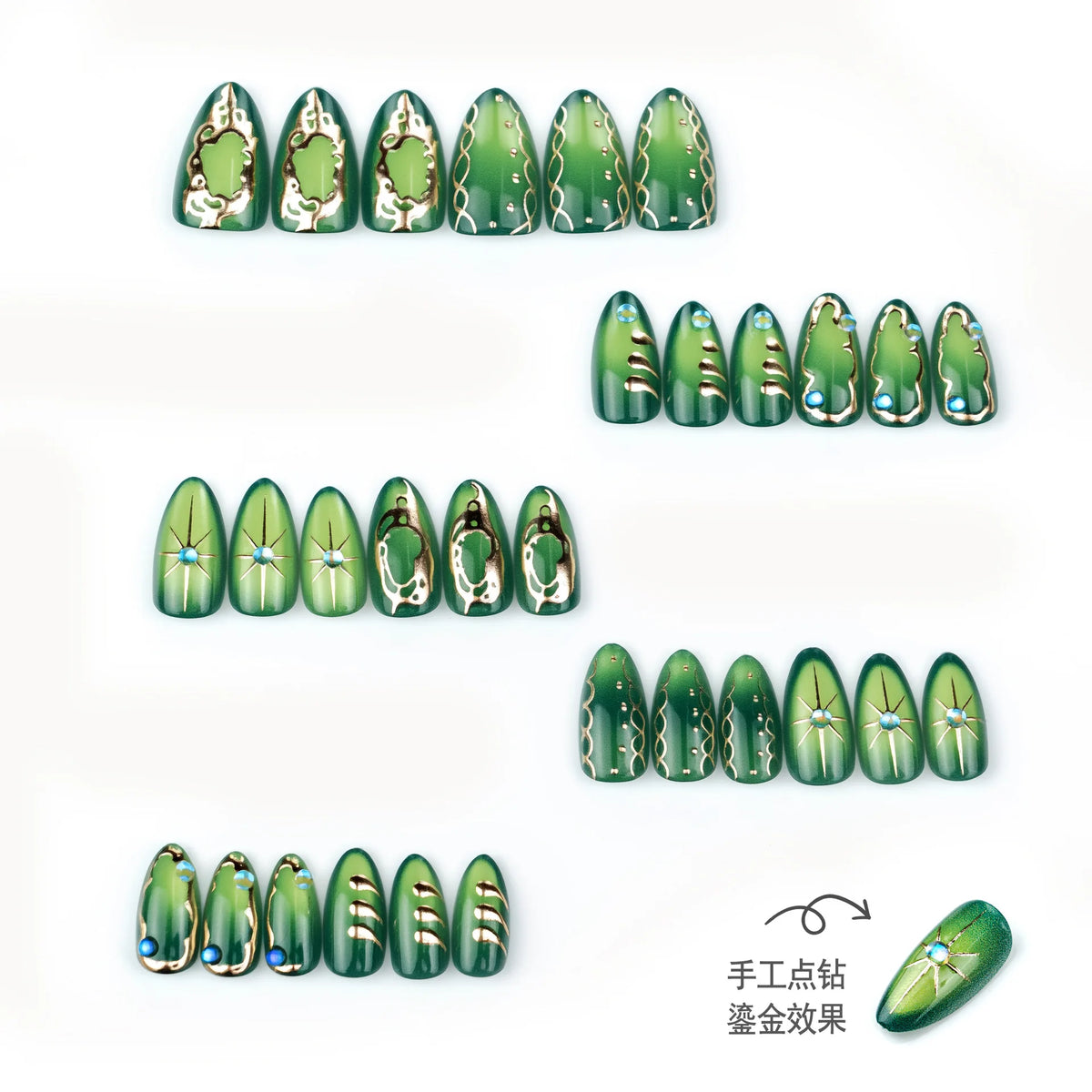 30pcs/set Medium fake nails glossy green cat eyes with golden frame handmade rhinestones reusable ABS press on Artificial Nails