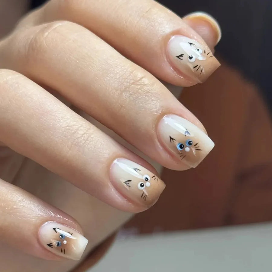 Short Medium fake nails for women gilrs nude beige gradient brown kawaii cartoon cute cat footprint almond square press on nail