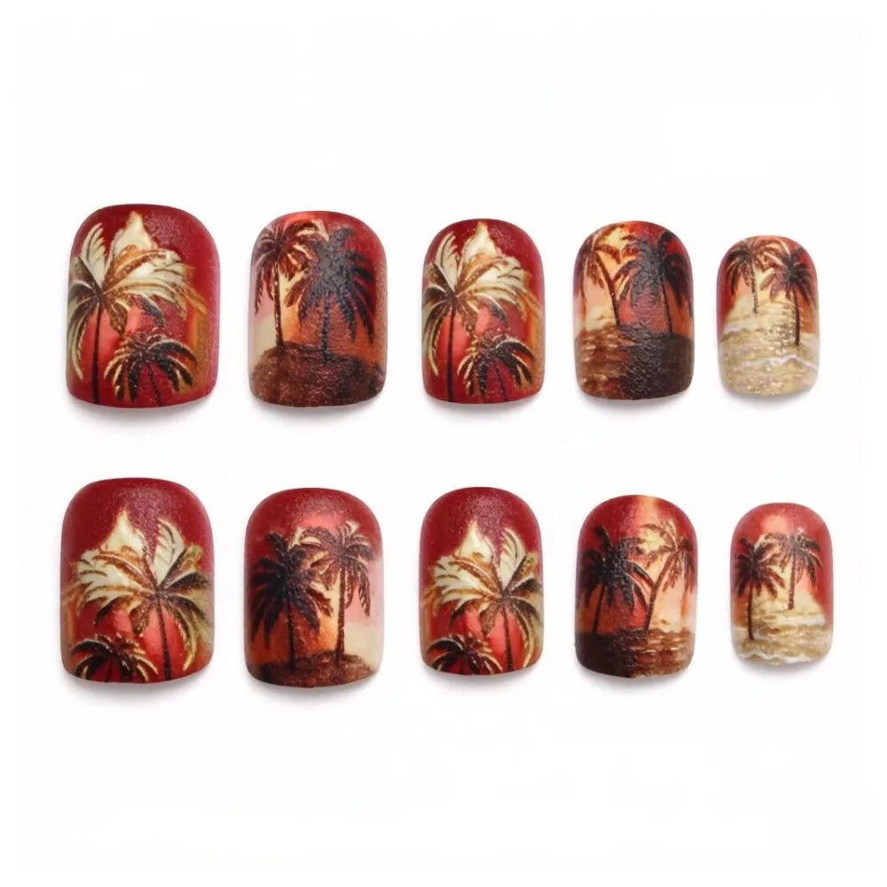 24pcs/set fake nails Y2K gradient yellow red brown colors coconut tree sunset print square shape reusable press on nails art