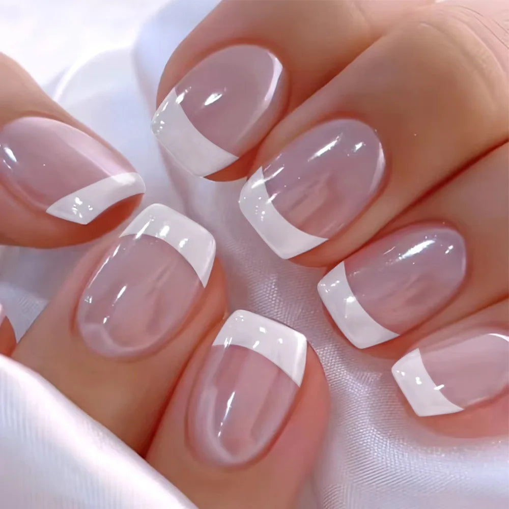 Short Medium Square fake nails pearl shimmer Minimalist french style white pink grey blue edge full cover press on false nail