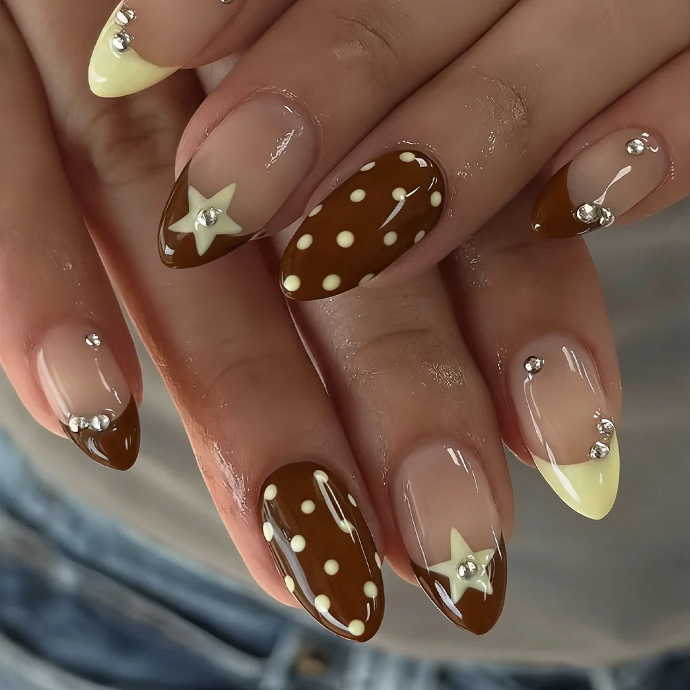 Colorful Star & Stripe French Y2K Press-On Nails – Almond, 24 Pcs